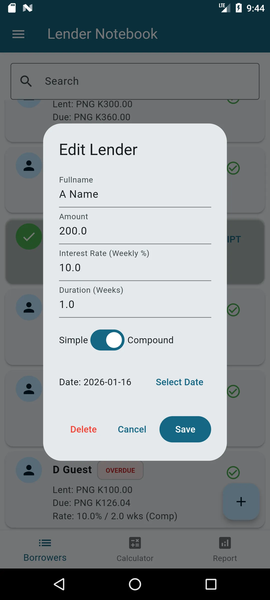Lender Notebook Screen 2